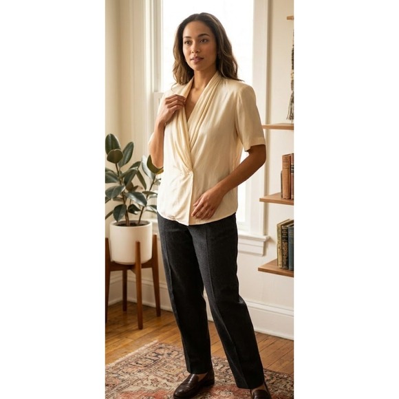 Season-Y Tops - Vintage Silk Draped Shawl Collar Blouse Womens Cream 80s ILGWU Union Made